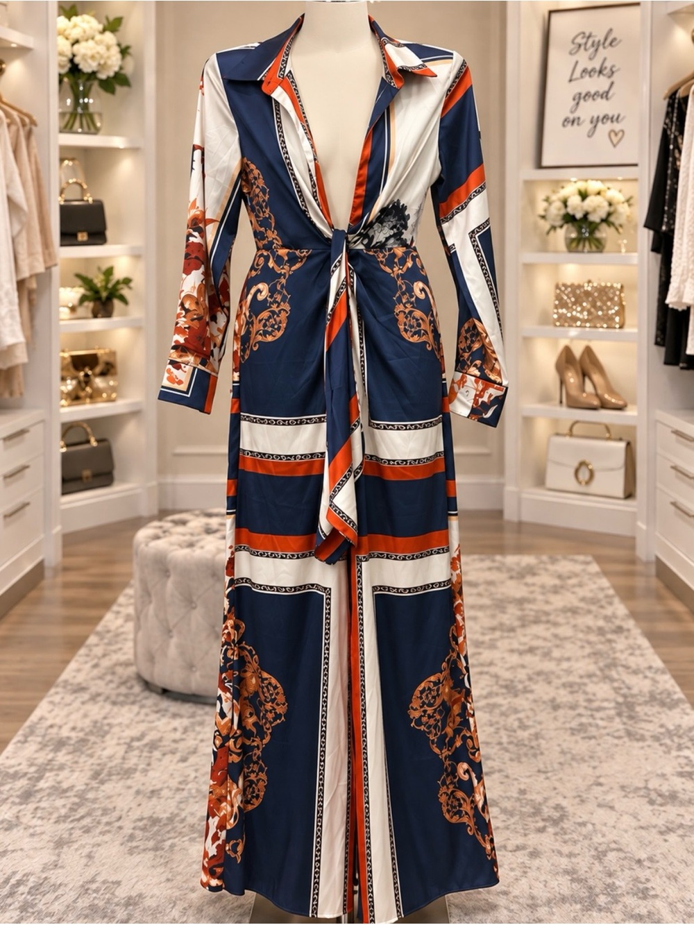 FASHION NOVA Tie-Front Long Sleeve Plunge Jumpsuit iNavy, White &Rust Size M
